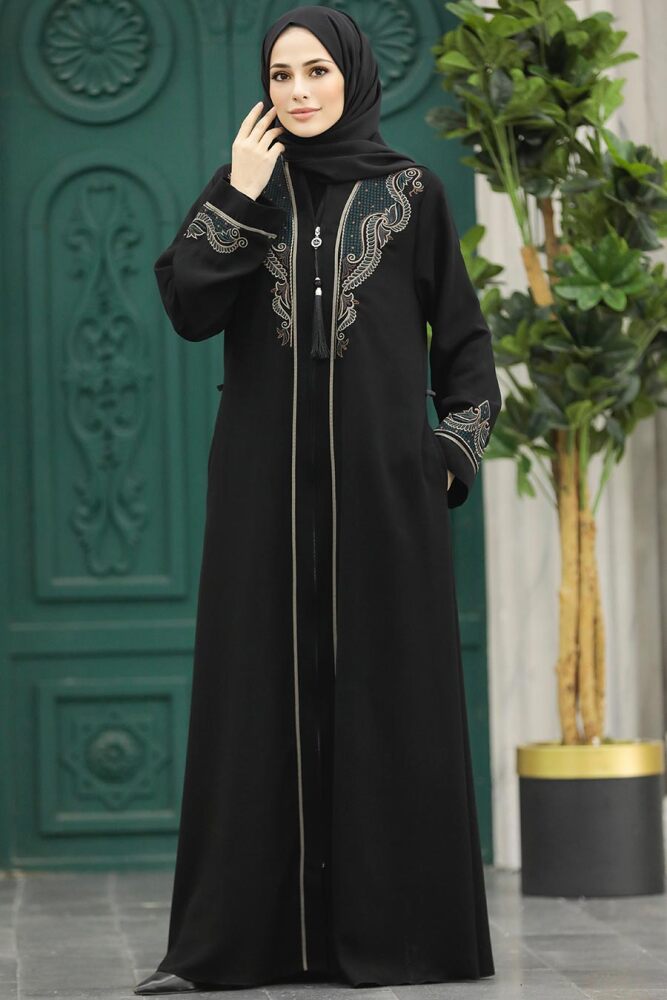 Neva Style - Desenli Fermuarlı Tesettür Abaya 41565DSN2 - 2
