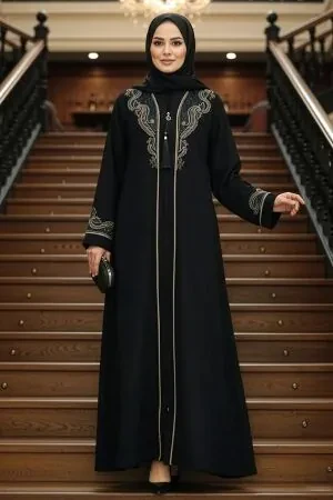 Neva Style - Desenli Fermuarlı Tesettür Abaya 41565DSN2 