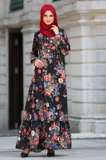 Neva Style - Desenli Fırfırlı Siyah Tesettür Elbise 41601S