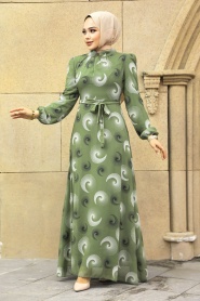 Neva Style - Desenli Fıstık Yeşili Tesettür Elbise 27945FY - Thumbnail