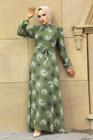 Neva Style - Desenli Fıstık Yeşili Tesettür Elbise 27945FY - Thumbnail