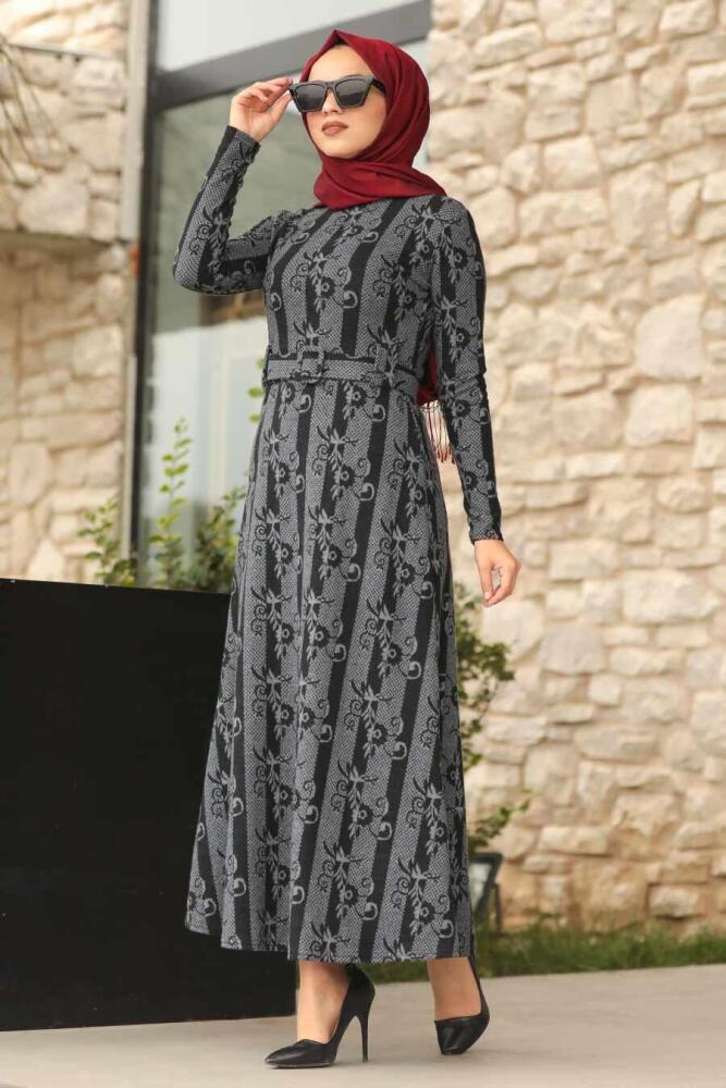 Neva Style - Desenli Füme Tesettür Elbise 1172FU - 1