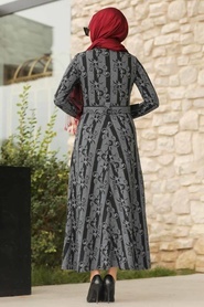 Neva Style - Desenli Füme Tesettür Elbise 1172FU - Thumbnail