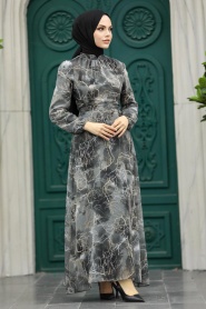 Neva Style - Desenli Füme Tesettür Elbise 27951FU - Thumbnail