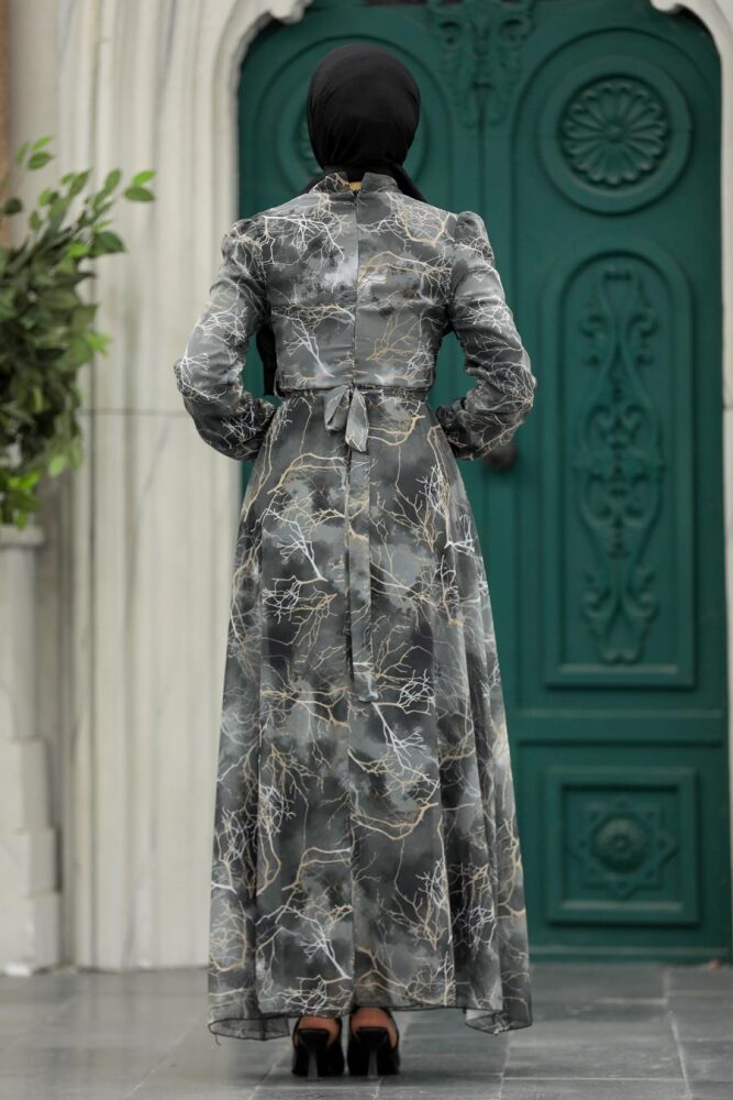 Neva Style - Desenli Füme Tesettür Elbise 27951FU - 3