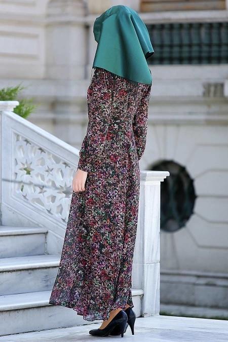 Neva Style - Desenli Fuşya Elbise 7032-06F - 3
