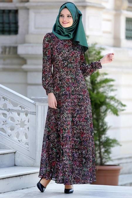 Neva Style - Desenli Fuşya Elbise 7032-06F - 2