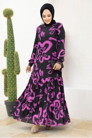 Neva Style - Desenli Fuşya Tesettür Elbise 12437F - Thumbnail