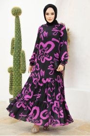 Neva Style - Desenli Fuşya Tesettür Elbise 12437F - Thumbnail
