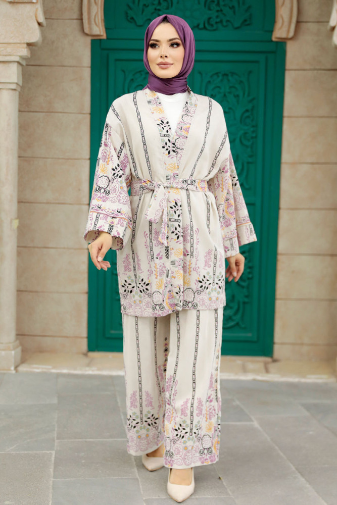  Desenli Fuşya Tesettür Kimono İkili Takım 12120F - 1