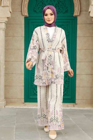  Desenli Fuşya Tesettür Kimono İkili Takım 12120F - 2