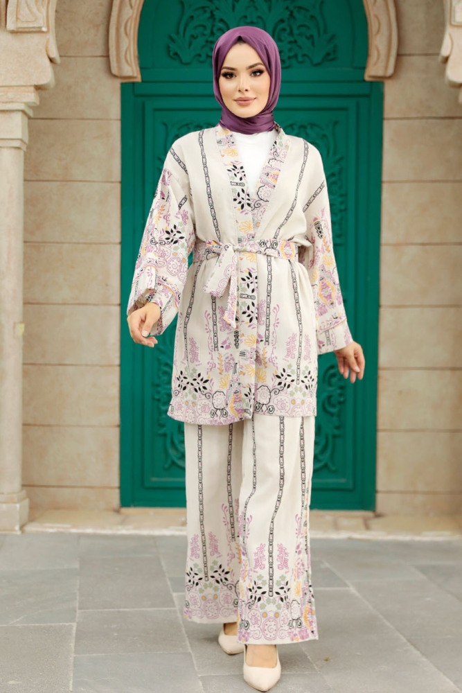  Desenli Fuşya Tesettür Kimono İkili Takım 12120F - 2