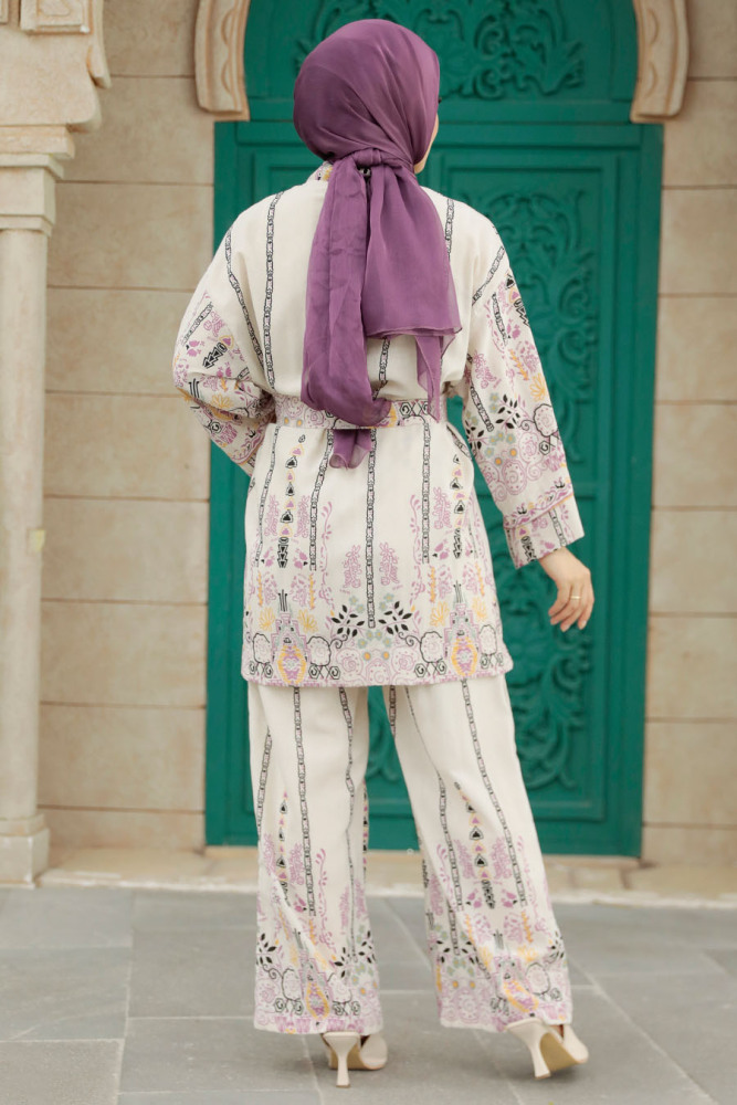  Desenli Fuşya Tesettür Kimono İkili Takım 12120F - 3