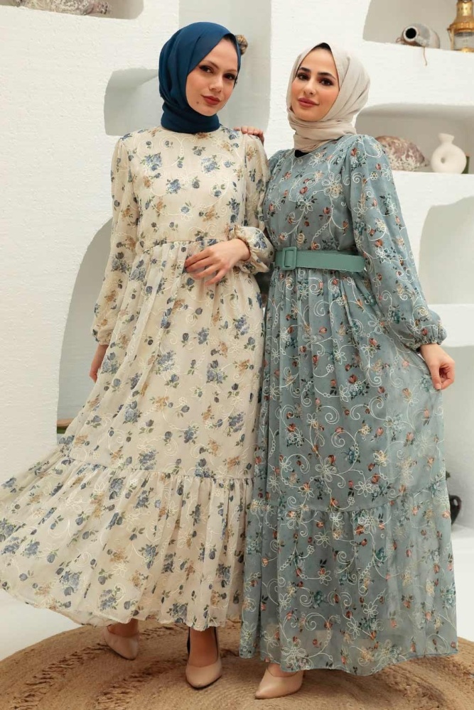 Neva Style - Desenli Gri Tesettür Elbise 2315GR - 2