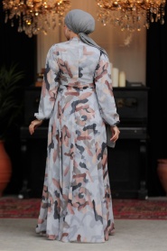 Neva Style - Desenli Gri Tesettür Elbise 30059GR - Thumbnail