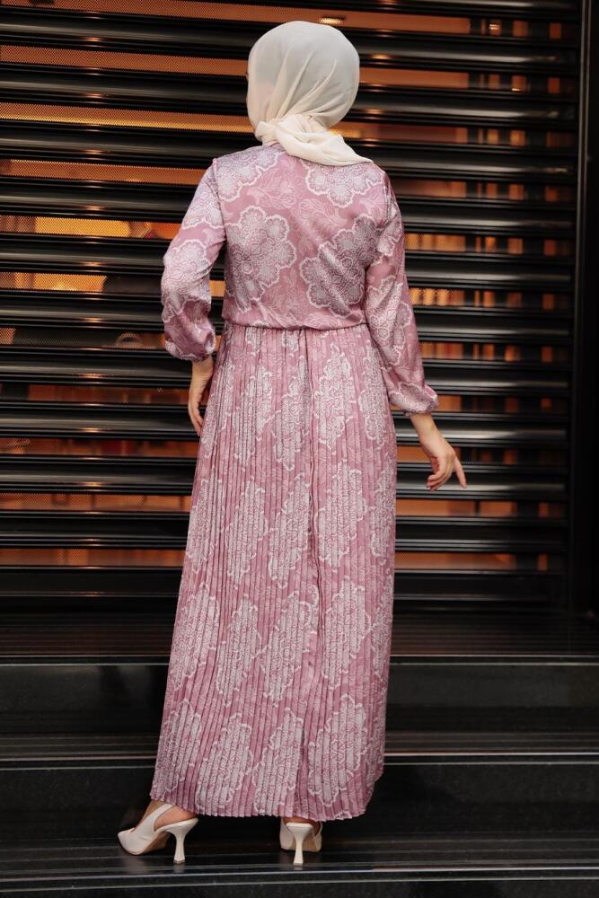 Neva Style - Desenli Gül Kurusu Tesettür Elbise 1191GK - 2