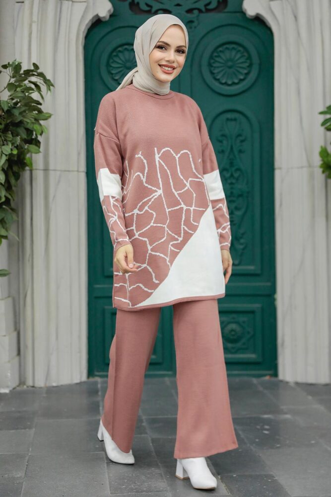 Neva Style - Desenli Gül Kurusu Tesettür Triko İkili Takım 6397GK - 1