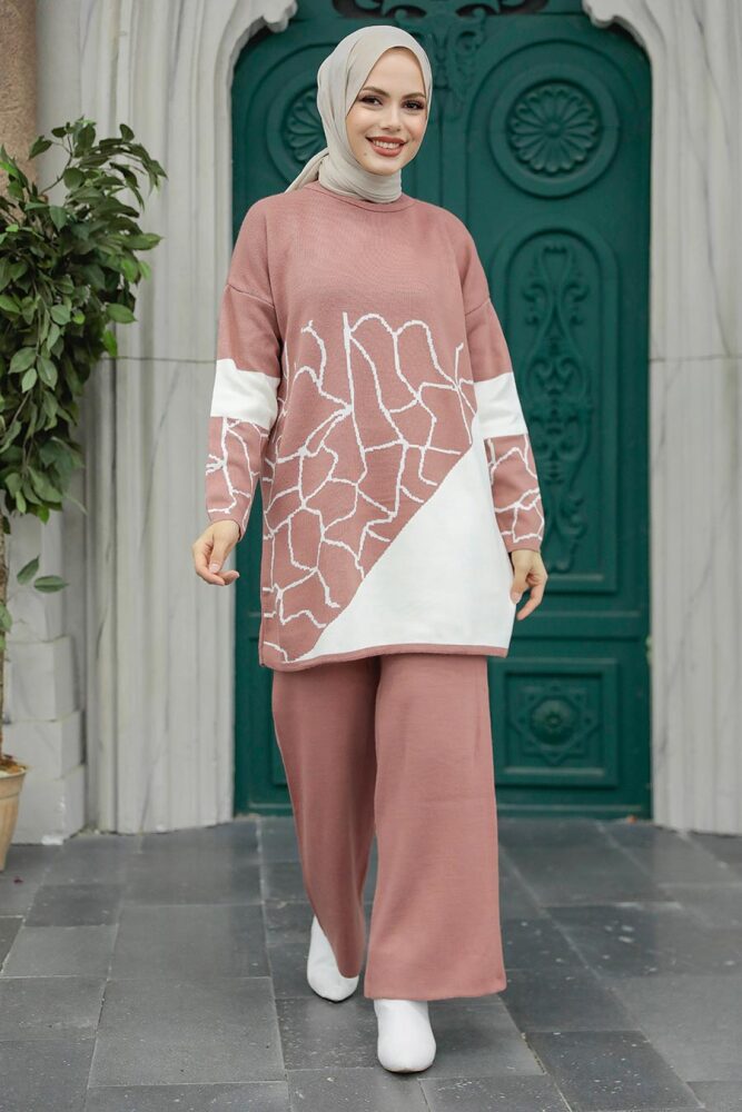 Neva Style - Desenli Gül Kurusu Tesettür Triko İkili Takım 6397GK - 2