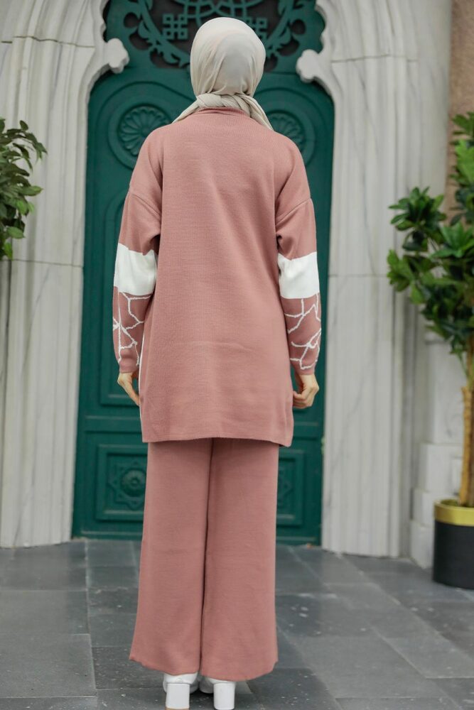 Neva Style - Desenli Gül Kurusu Tesettür Triko İkili Takım 6397GK - 3