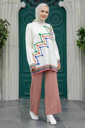  Desenli Gül Kurusu Tesettür Triko İkili Takım 6398GK - 2