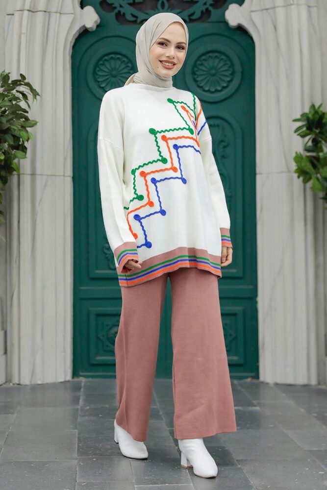  Desenli Gül Kurusu Tesettür Triko İkili Takım 6398GK - 2