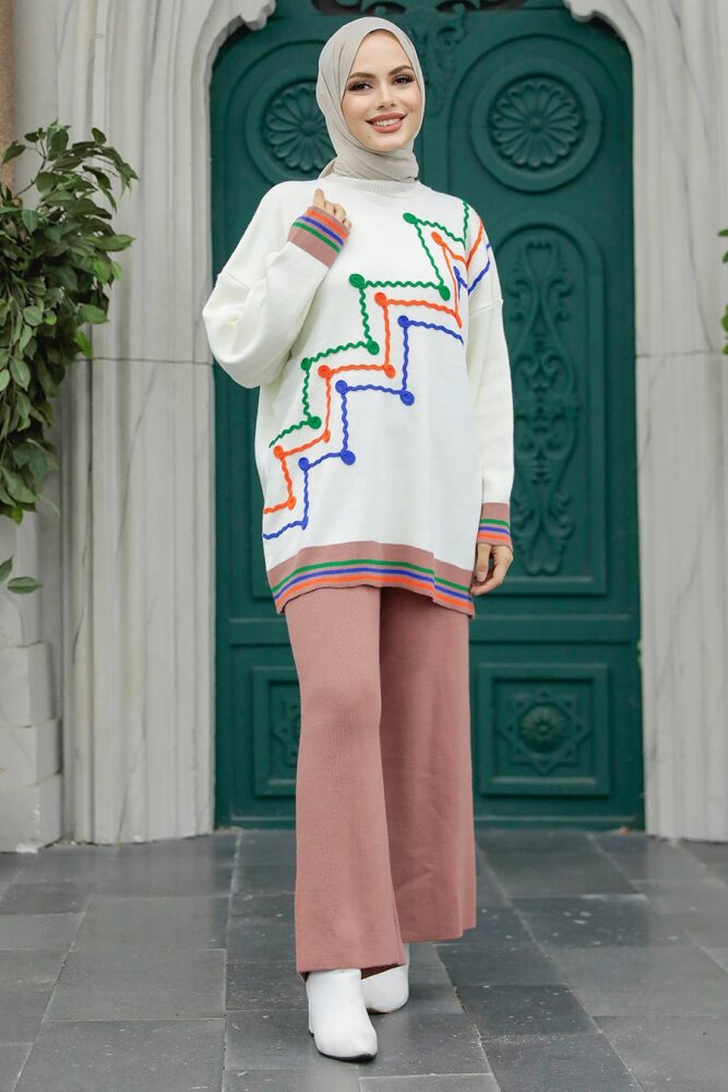  Desenli Gül Kurusu Tesettür Triko İkili Takım 6398GK - 1