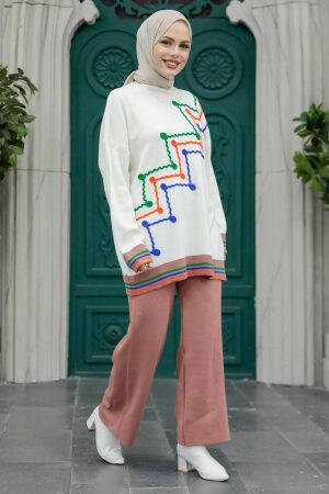  Desenli Gül Kurusu Tesettür Triko İkili Takım 6398GK - 3