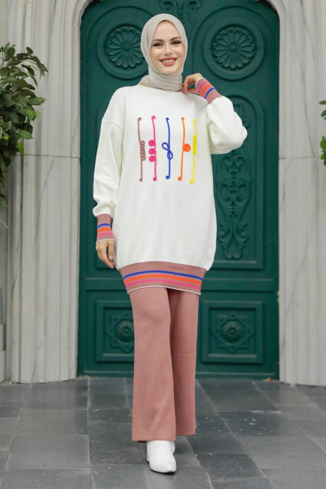 Neva Style - Desenli Gül Kurusu Tesettür Triko İkili Takım 6399GK - 1