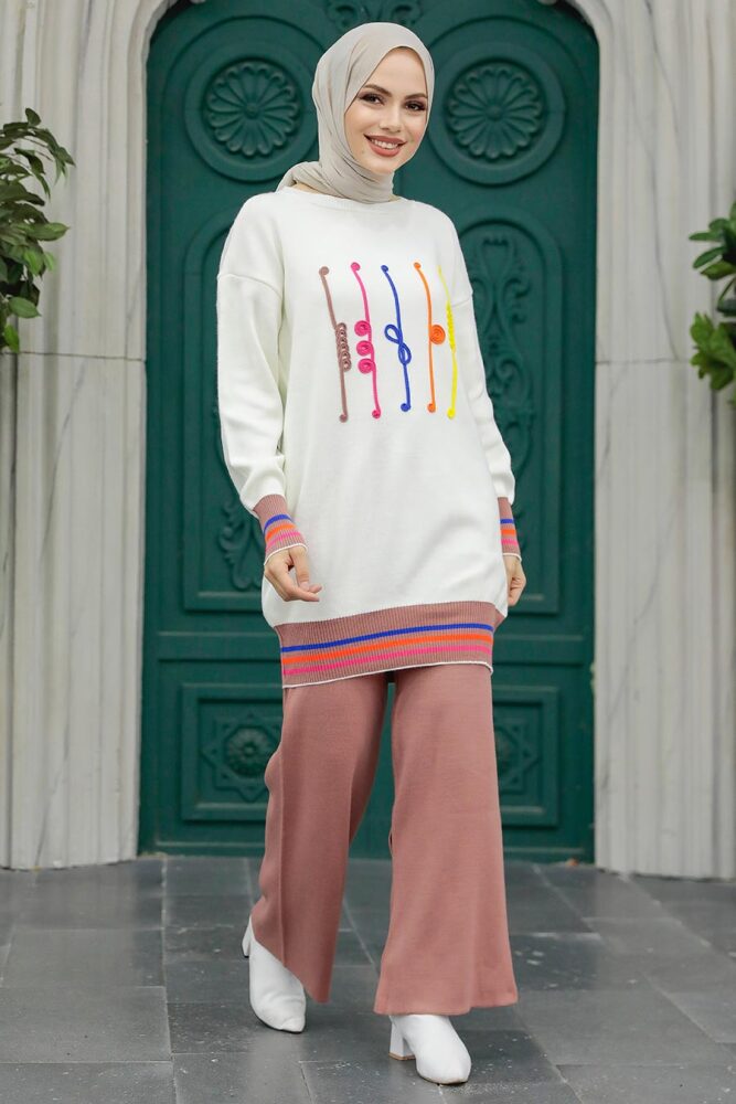 Neva Style - Desenli Gül Kurusu Tesettür Triko İkili Takım 6399GK - 2