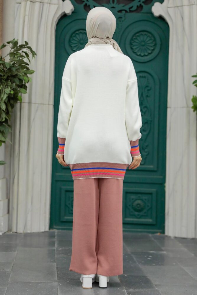 Neva Style - Desenli Gül Kurusu Tesettür Triko İkili Takım 6399GK - 3