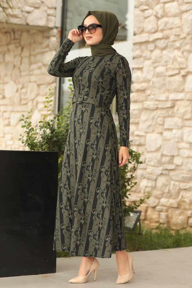 Neva Style - Desenli Haki Tesettür Elbise 1172HK - 1