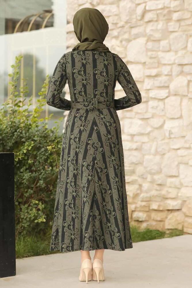 Neva Style - Desenli Haki Tesettür Elbise 1172HK - 2