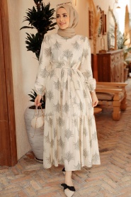 Neva Style - Desenli Haki Tesettür Elbise 22141HK - Thumbnail