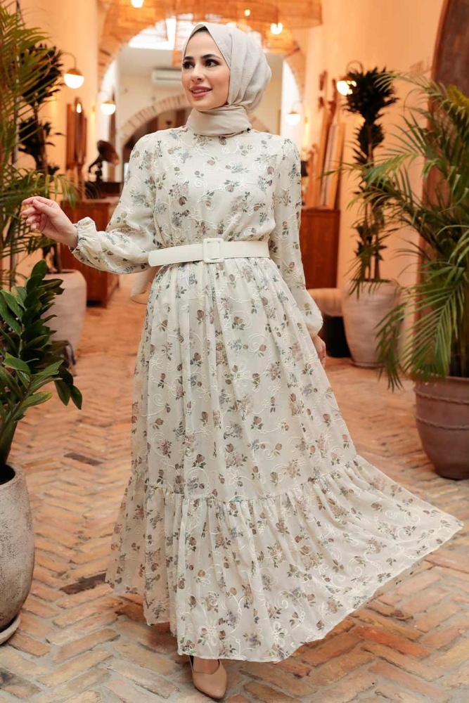 Neva Style - Desenli Haki Tesettür Elbise 2315HK - 1