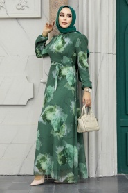 Neva Style - Desenli Haki Tesettür Elbise 279313HK - Thumbnail