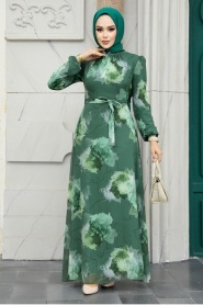 Neva Style - Desenli Haki Tesettür Elbise 279313HK - Thumbnail