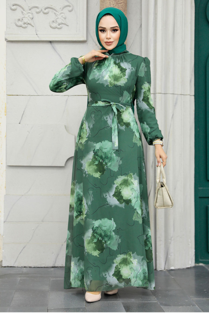 Neva Style - Desenli Haki Tesettür Elbise 279313HK - 3