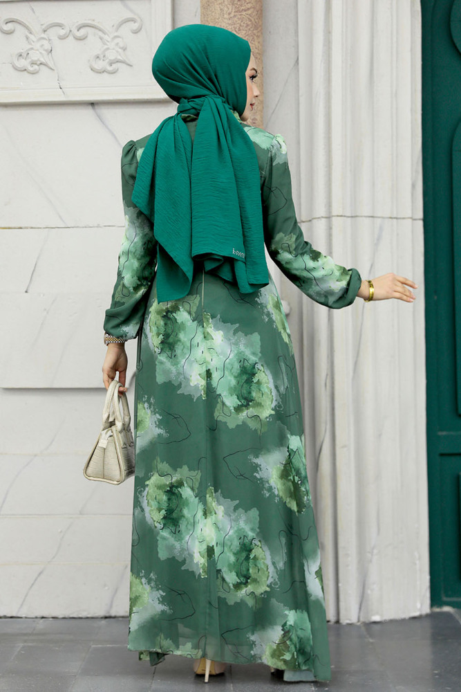 Neva Style - Desenli Haki Tesettür Elbise 279313HK - 4