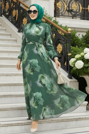  Desenli Haki Tesettür Elbise 279313HK - 1