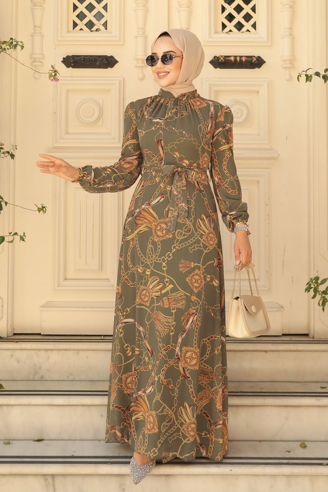 Neva Style - Desenli Haki Tesettür Elbise 27933HK - 2