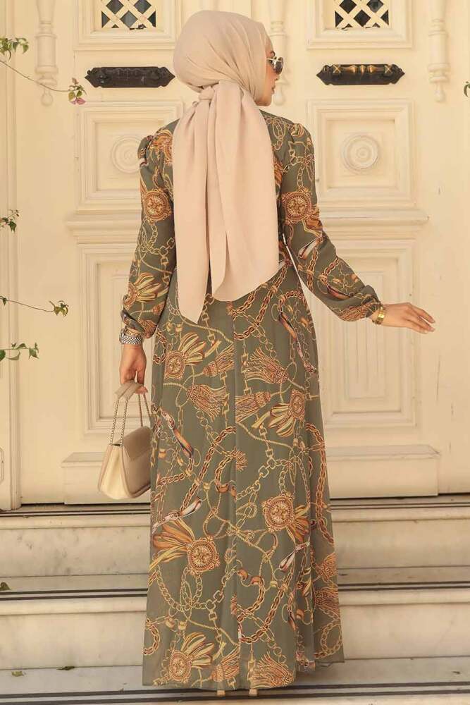 Neva Style - Desenli Haki Tesettür Elbise 27933HK - 3