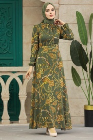 Neva Style - Desenli Haki Tesettür Elbise 27933HK - Thumbnail
