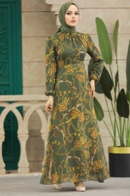 Neva Style - Desenli Haki Tesettür Elbise 27933HK - Thumbnail