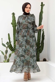 Neva Style -Desenli Haki Tesettür Elbise 2998HK - Thumbnail