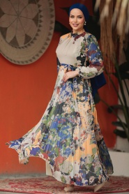 Neva Style - Desenli Haki Tesettür Elbise 30066HK - Thumbnail