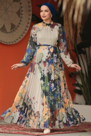 Neva Style - Desenli Haki Tesettür Elbise 30066HK - Thumbnail
