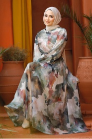 Neva Style - Desenli Haki Tesettür Elbise 33095HK - Thumbnail