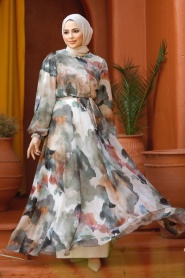 Neva Style - Desenli Haki Tesettür Elbise 33095HK - Thumbnail