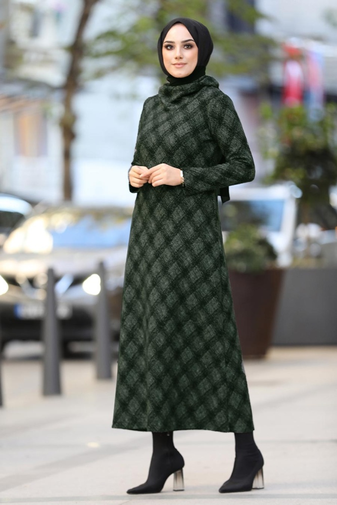 Neva Style - Desenli Haki Tesettür Elbise 3353HK - 1