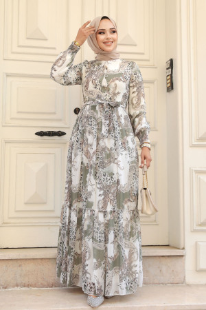 Neva Style - Desenli Haki Tesettür Elbise 33562HK - 2